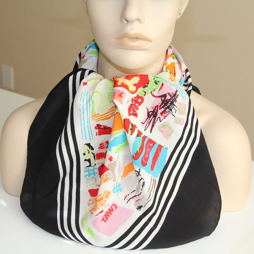 Chanel Black and Multi-Color Silk Scarf. This RARE Color-Authentic Original - Picture 13 of 14